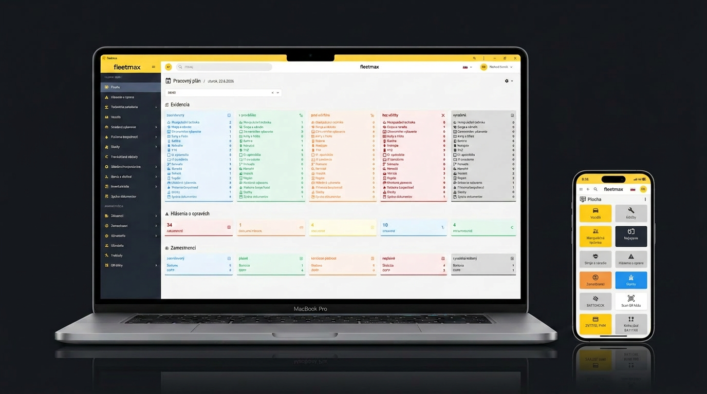 fleetmax dashboard na MacBook Pro a mobilnom telefóne s QR skenerom